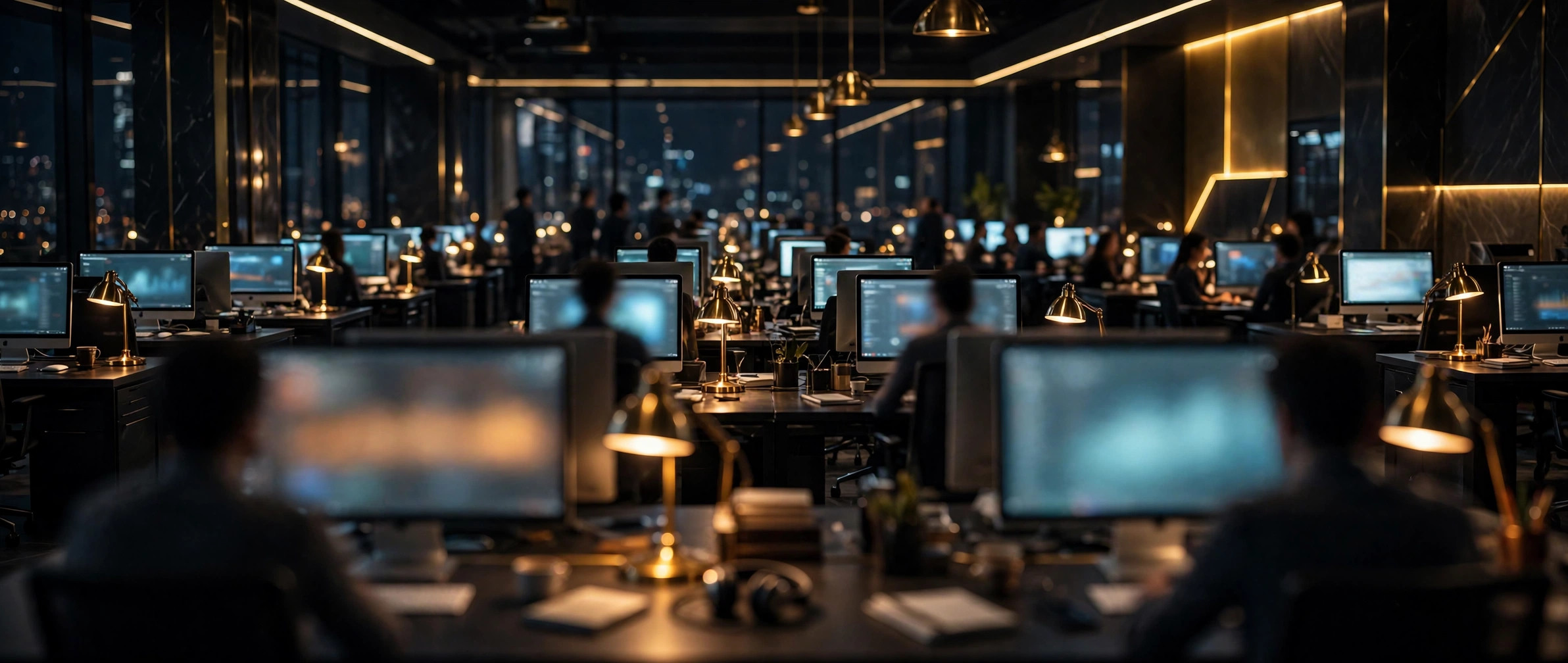 Team members working at multiple displays in a dark production studio