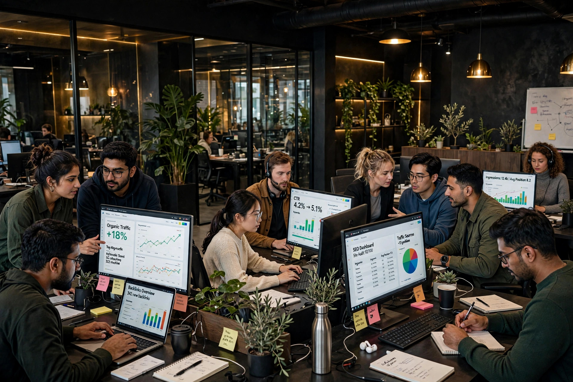Production team collaborating at arranged office workstations